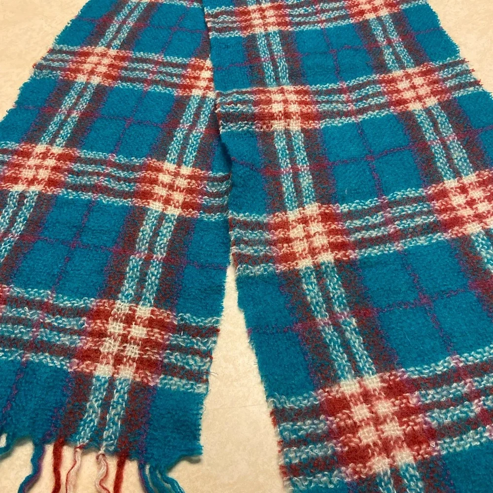 James Pringle Weavers Scarf Womens Jewel Check Plaid Wool Blend Fringe Preppy